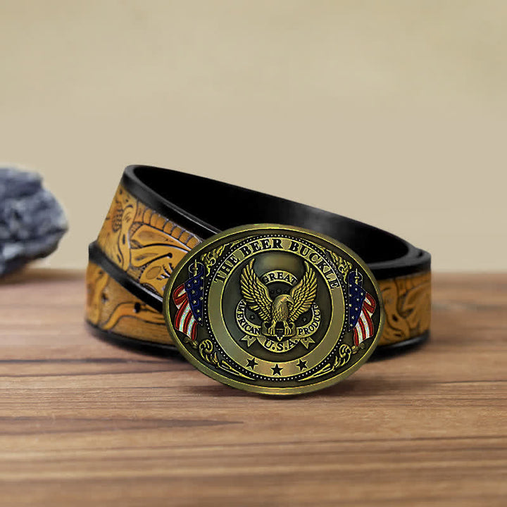 Men's DIY Eagle USA Flag Creative Beer Holder Buckle Leather Belt