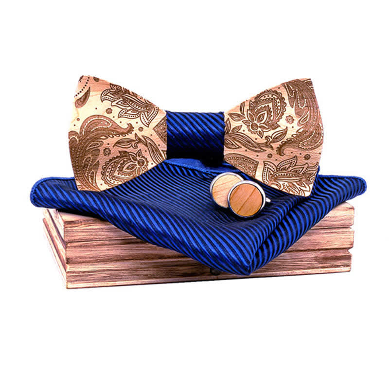 3Pcs Men's Carving Paisley Wooden Bow Tie Set