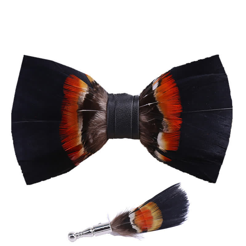 Black & Orange Feather Bow Tie with Lapel Pin