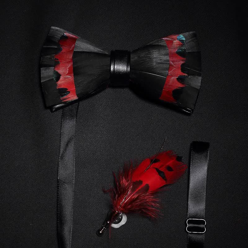 Kid's Black & Red Swan Feather Bow Tie with Lapel Pin