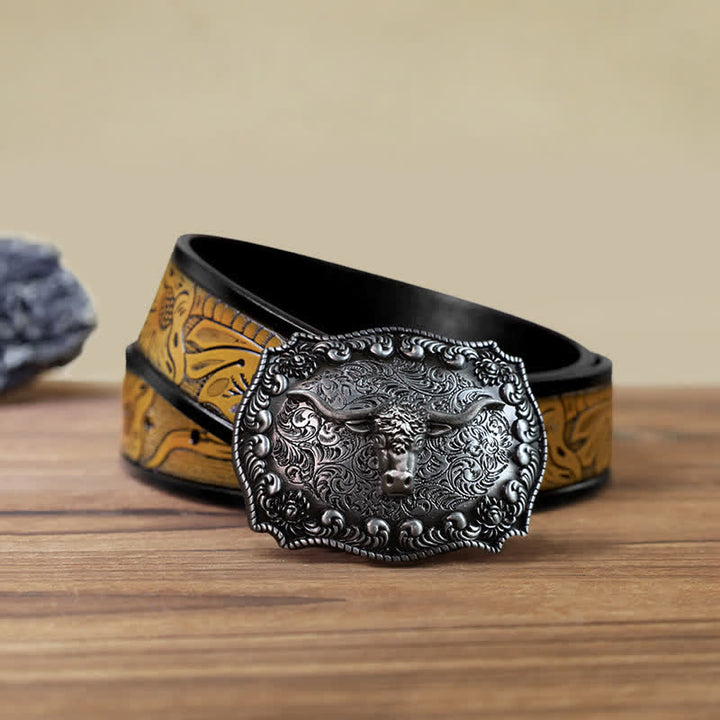 Men's DIY Longhorn Bull Antiqued Silver Buckle Leather Belt