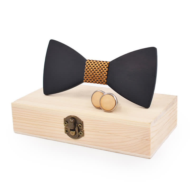 2Pcs Men's Black Wooden Bow Tie Cufflinks Set