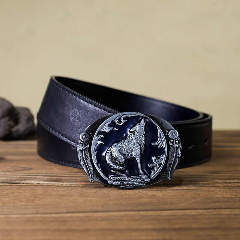 Men's DIY Enamel Domineering Howling Wolf Buckle Leather Belt