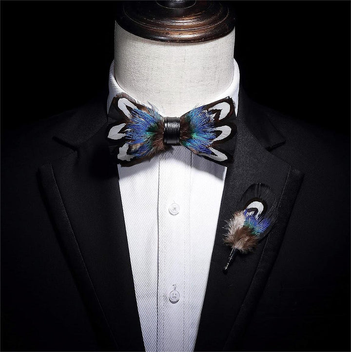 Blue & Black Noble Peacock Feather Bow Tie with Lapel Pin