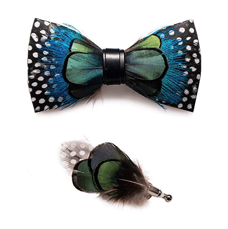 Kid's Green & Blue Polka Dots Feather Bow Tie with Lapel Pin