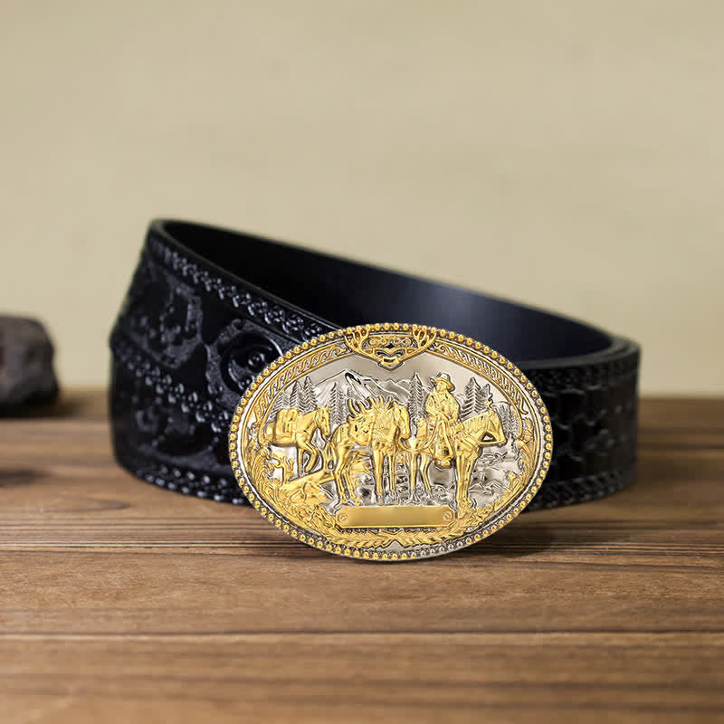 Men's DIY Cowboy Knight Leading Horse Buckle Leather Belt