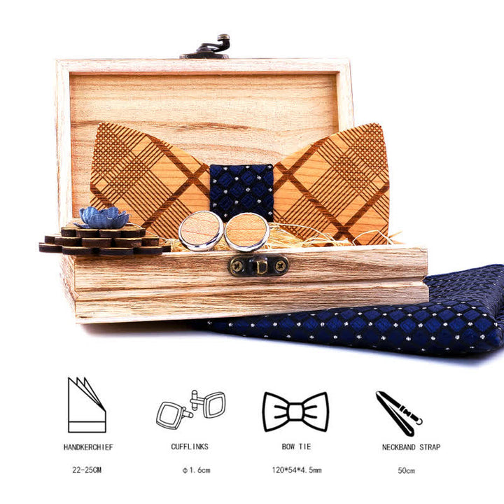 4Pcs Men's Carved Plaids Wooden Bow Tie Set