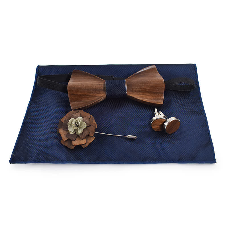 4Pcs Men's Vintage Black Wooden Bow Tie Set