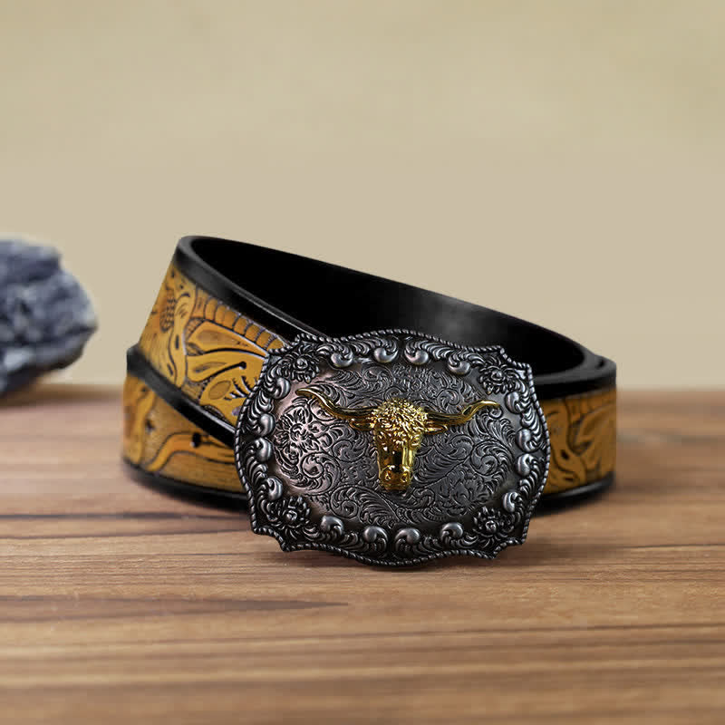 Men's DIY Longhorn Bull Antiqued Silver Buckle Leather Belt