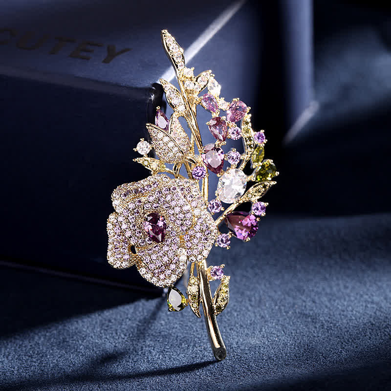 Women's Rose Flower Bouquet Zircon Brooch