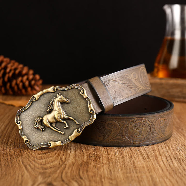 Men's Black Silver Running Horse Leather Belt - Style #1 - 42 - image 0