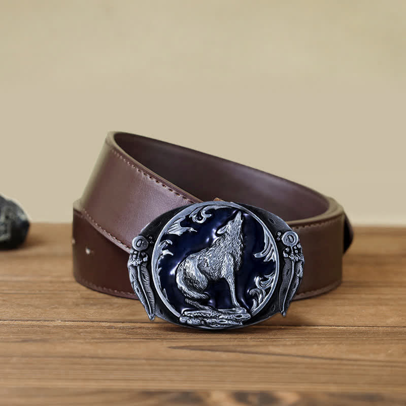 Men's DIY Enamel Domineering Howling Wolf Buckle Leather Belt