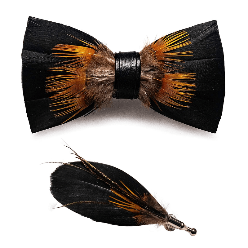 Orange & Black Sunflower Feather Bow Tie with Lapel Pin