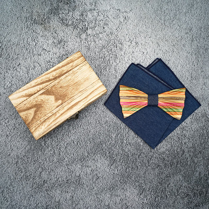 2Pcs Men's Rainbow Wrinkle Wooden Bow Tie Set