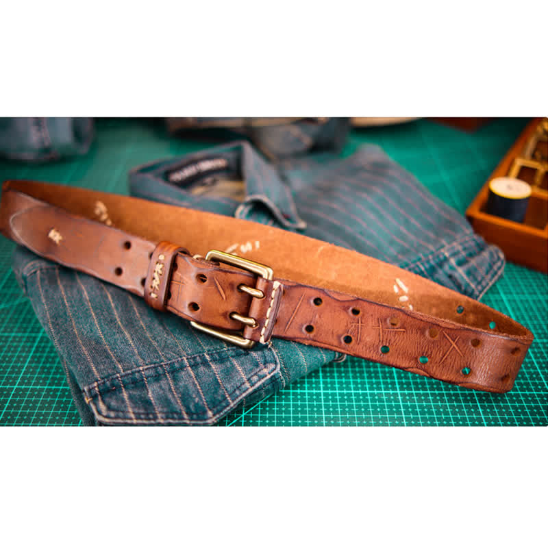 Men's Wide Double Pin Buckle Leather Belt