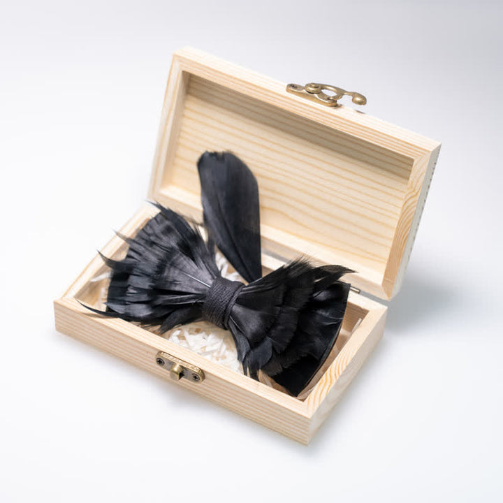 Solid Black Feather Bow Tie with Lapel Pin