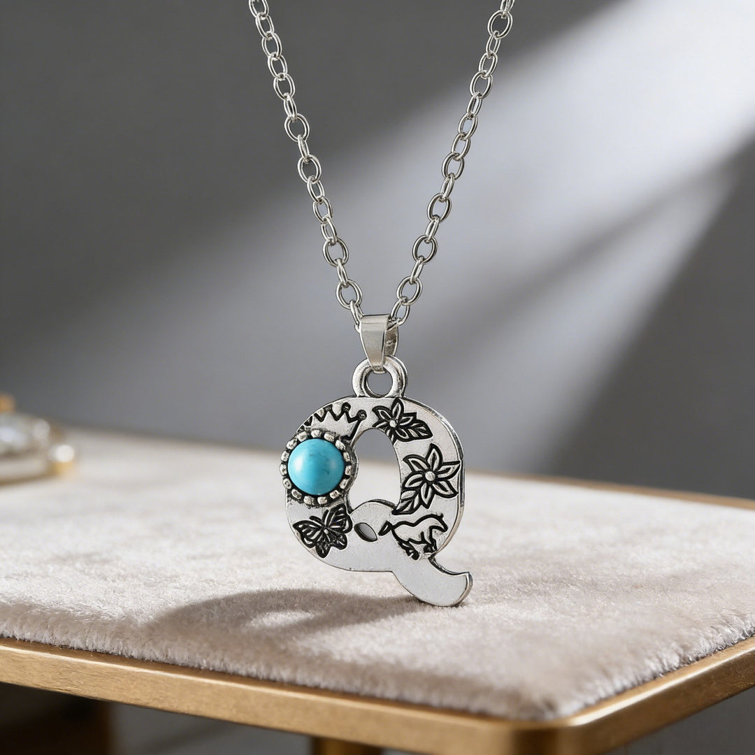 Vintage Initial Letter Turquoise Charm Necklace - Q - image 28