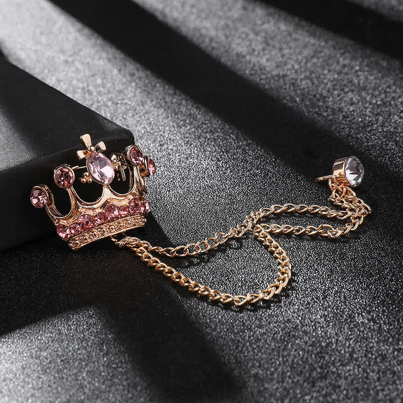 Men's Retro Crown Chain Rhinestones Brooch - Gold & Pink - image 12