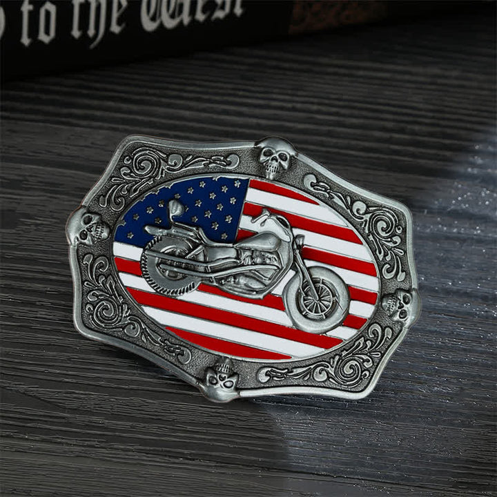 Men's DIY Motorcycle USA Flag Skull Buckle Leather Belt