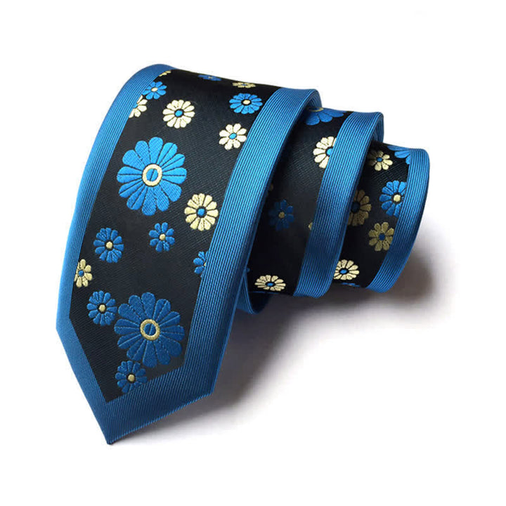 Men's Simple Daisy Floral Narrow Necktie - Teal & Yellow - image 3