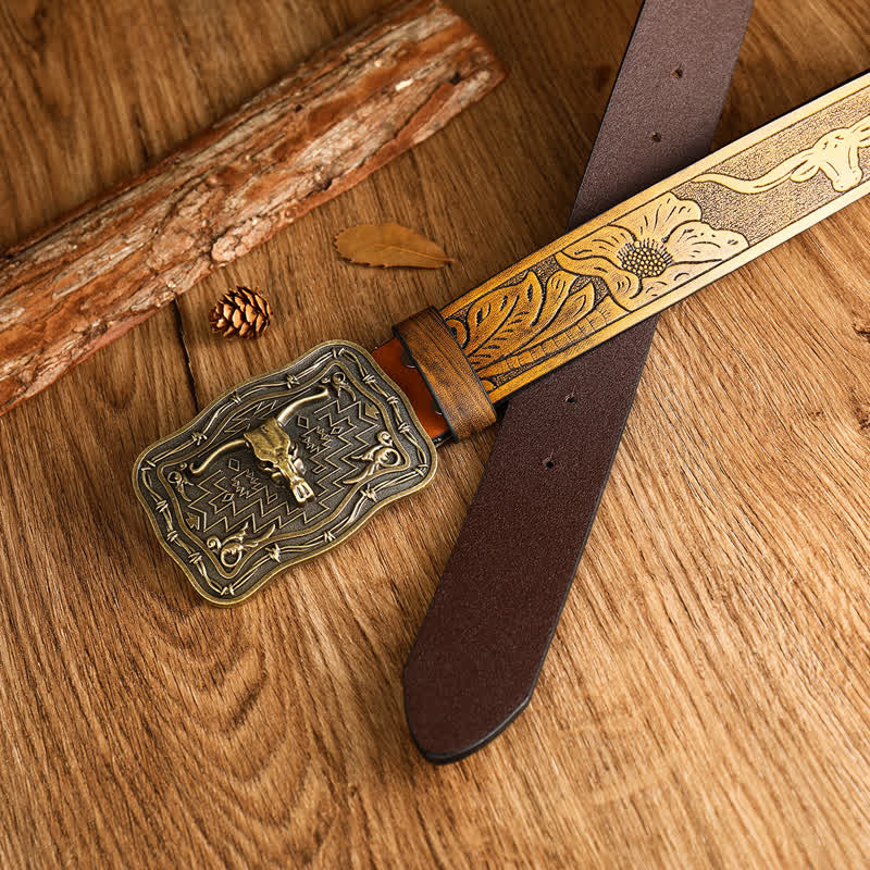 Men's Western Totem Bull Head Leather Belt