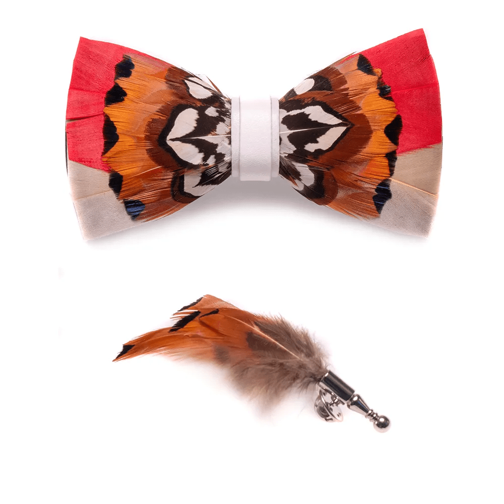 Orange & White Lively Feather Bow Tie with Lapel Pin