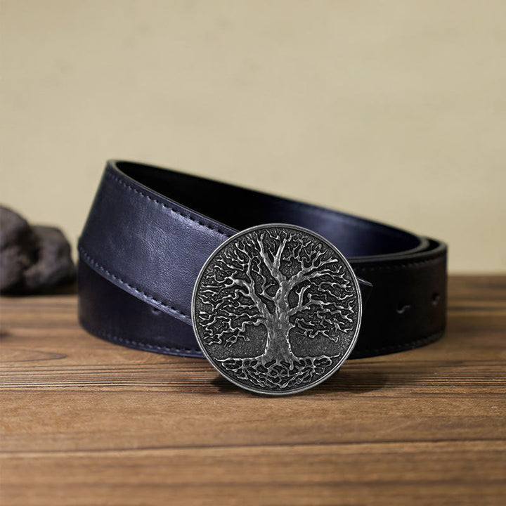 Men's DIY Tree of Life Round Buckle Leather Belt