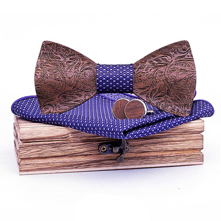 3Pcs Men's Black Walnut Paisley Wooden Bow Tie Set