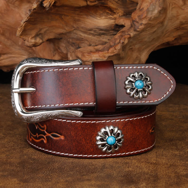 Unisex Retro Brown Turquoise Flower Leather Belt