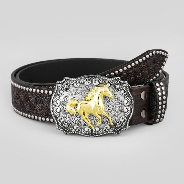 Men's Golden Running Horse Rivet Decor Leather Belt