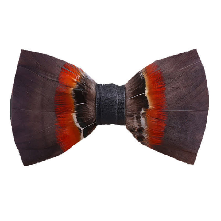 Brown & Orange Feather Bow Tie with Lapel Pin