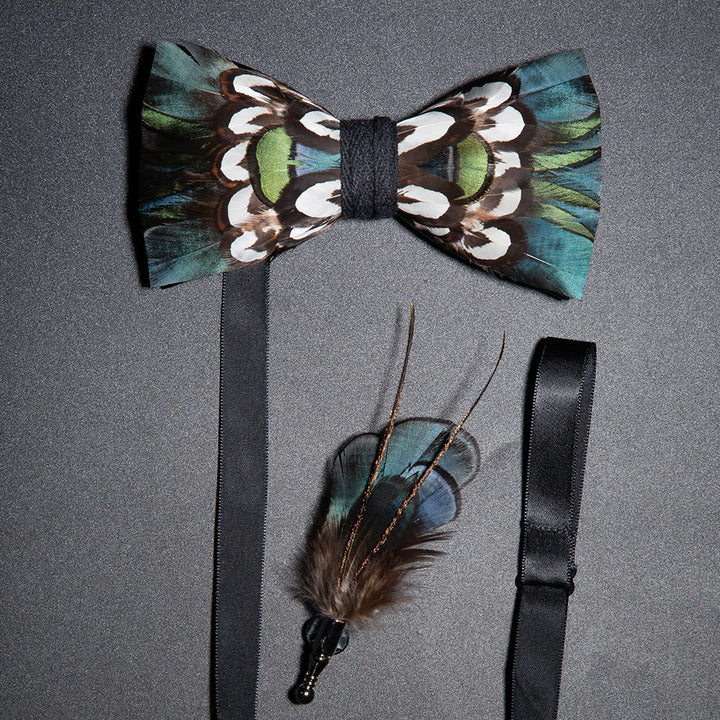 DarkCyan Teal Feather Bow Tie with Lapel Pin