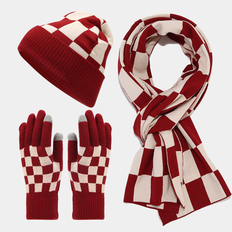 3Pcs Unisex Checkerboard Plaid Hat Scarf Gloves Set