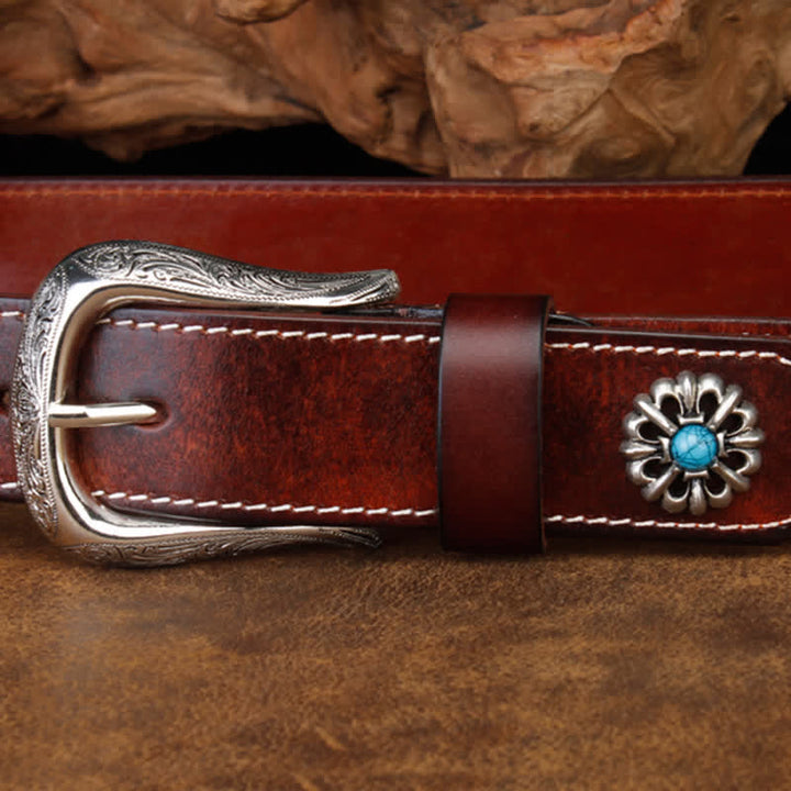 Unisex Retro Brown Turquoise Flower Leather Belt