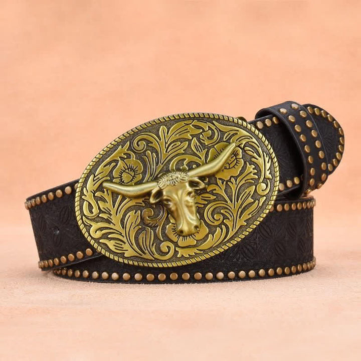 Men's Bull Head Rivet Embossed Leather Belt