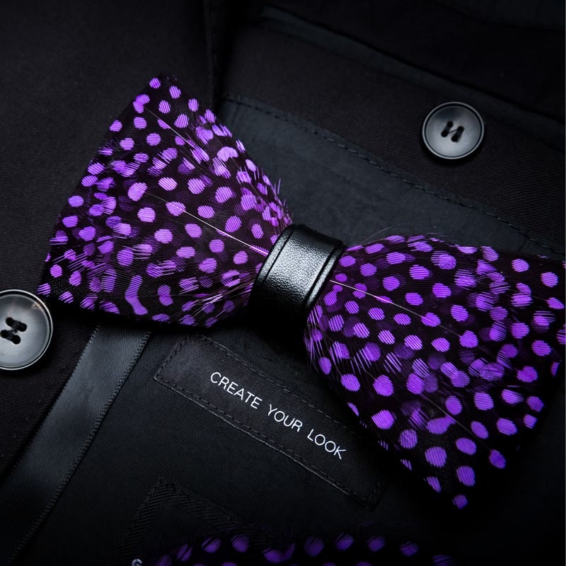 DarkViolet White Polka Dots Feather Bow Tie with Lapel Pin