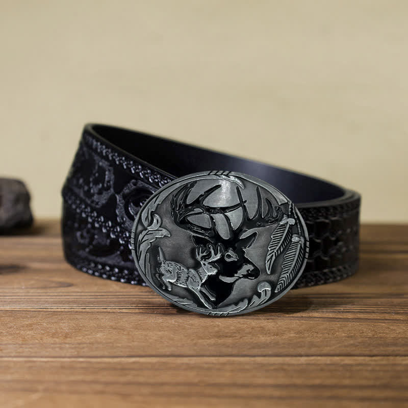 Men's DIY Deer Hunting Antlers Buckle Leather Belt