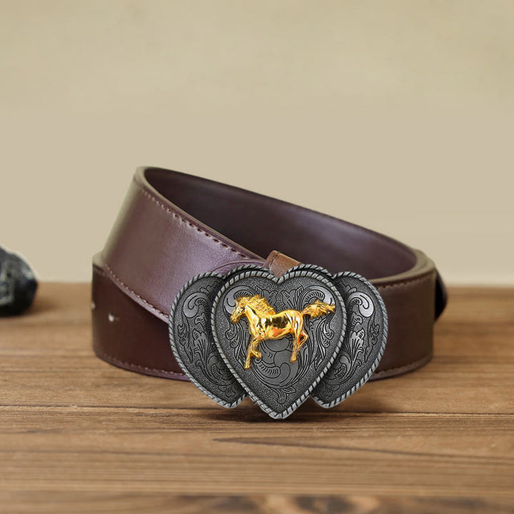 Men's DIY Horse Triple Heart Shaped Buckle Leather Belt