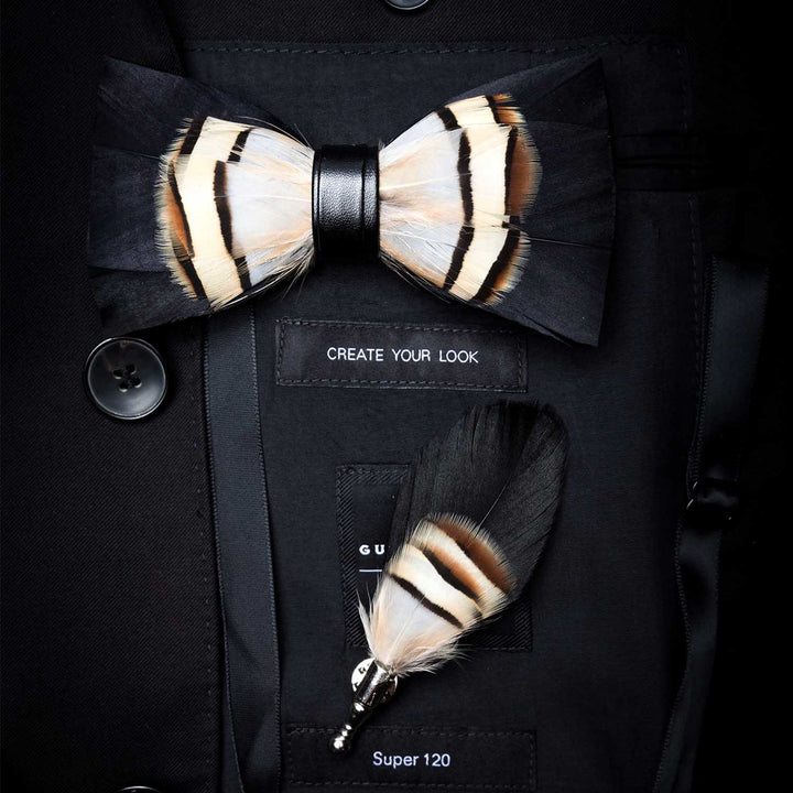 Brown & Black Swan Feather Bow Tie with Lapel Pin