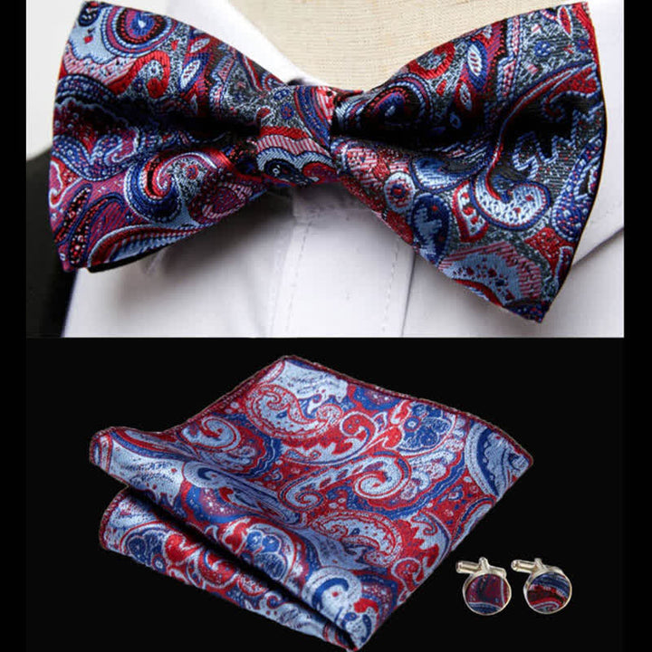 3Pcs Men's Luxurious Paisley Bow Tie Pocket Square Set - Red & Blue - image 0