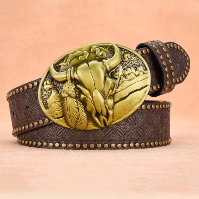 Men's Bull Head Buckle Rivet Decor Leather Belt