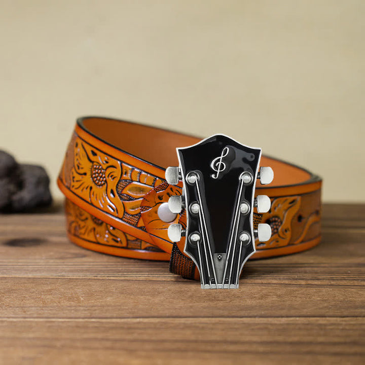 Men's DIY Musical Guitar Headstock Buckle Leather Belt