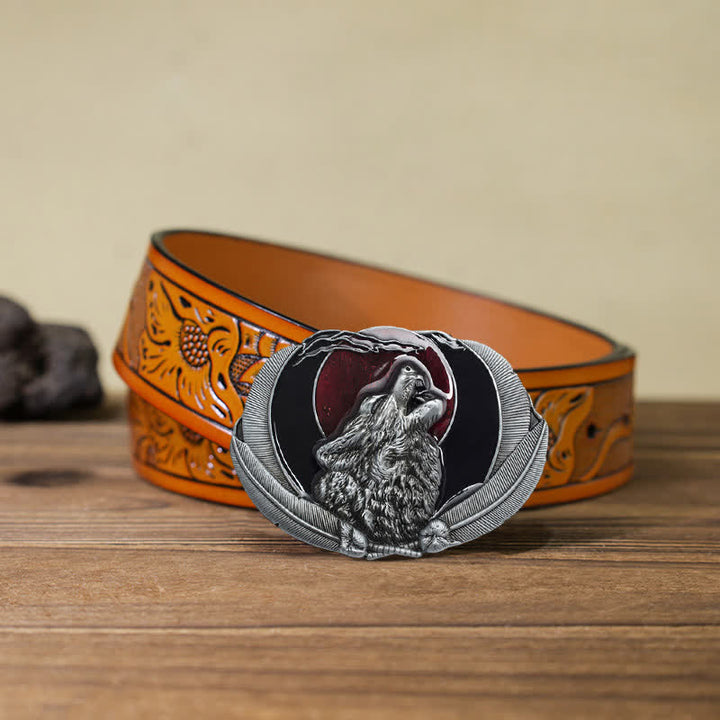 Men's DIY Howling Wolf Moon Oval Buckle Leather Belt