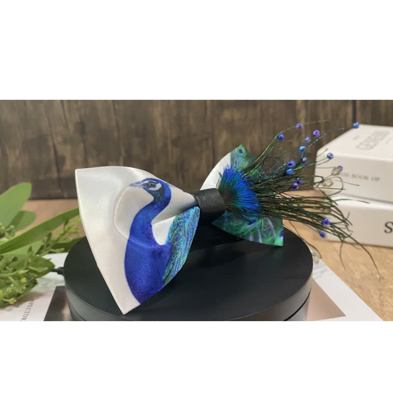 Blue Peacock Tail Beaded Feather Bow Tie