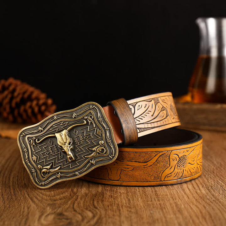 Men's Western Totem Bull Head Leather Belt