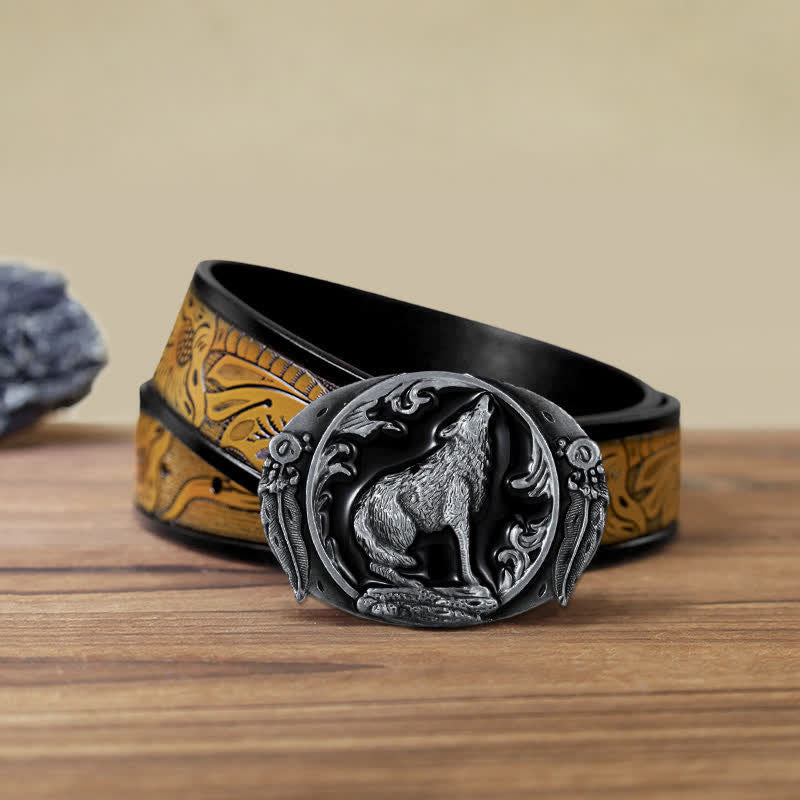 Men's DIY Enamel Domineering Howling Wolf Buckle Leather Belt