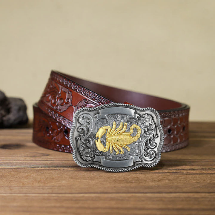 Men's DIY Gold Carving Animal Buckle Leather Belt