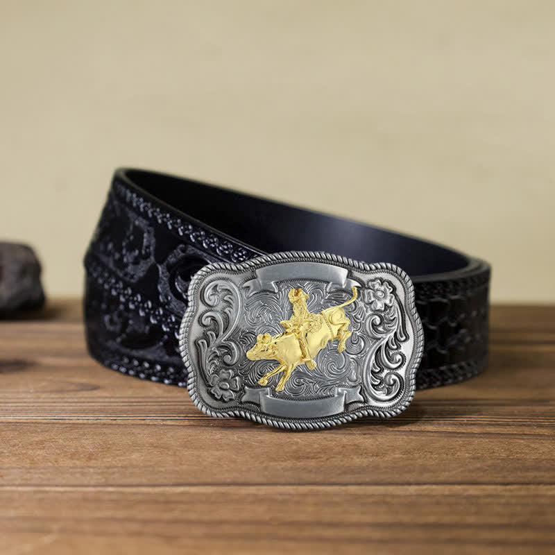 Men's DIY Gold Carving Animal Buckle Leather Belt - Rodeo - Black Carved Belt (40) - image 24
