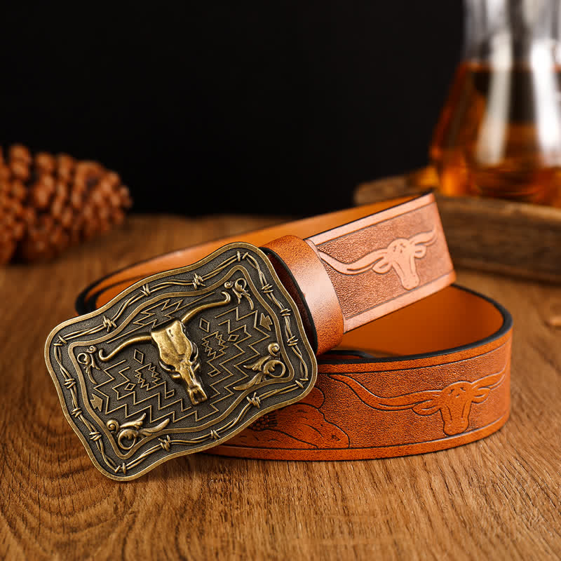 Men's Western Totem Bull Head Leather Belt