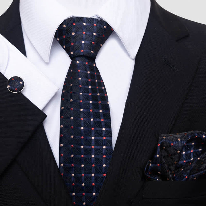 3Pcs Men's Red & Tan Dots Navy Check Necktie Set